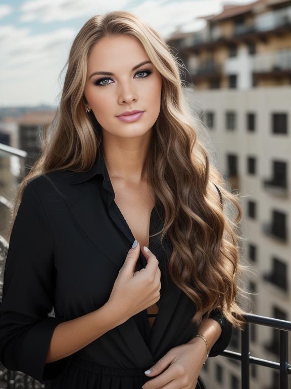 Elegant woman in black blazer on urban balcony