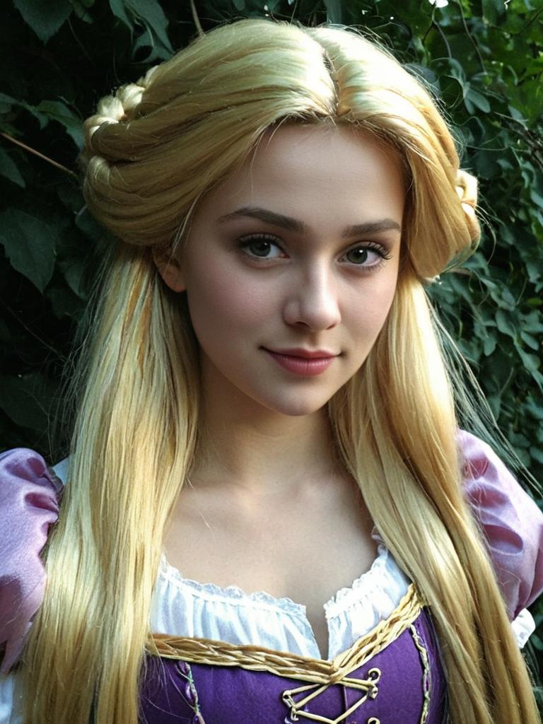 Young Woman in Authentic Rapunzel Costume with Blonde Hair and Braided Style