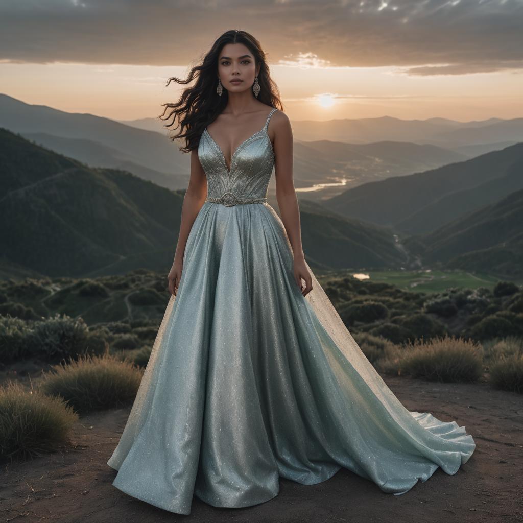 Elegant Woman in Shimmering Silver Gown at Sunset on Mountain Hillside
