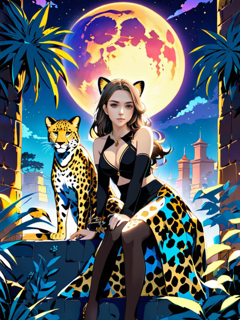 Anime-inspired woman with feline features and cheetah in mystical city