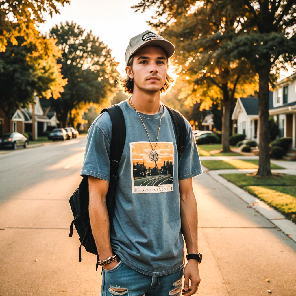 Young Man in Graphic Tee on Tree-Lined Street