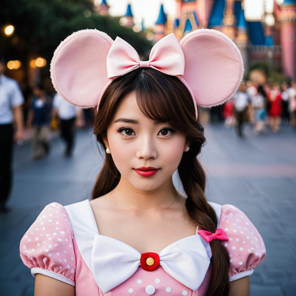 Young Woman in Pink Polka-Dot Costume with Mouse Ears Young Woman in Pink Polka-Dot Costume with Mouse Ears