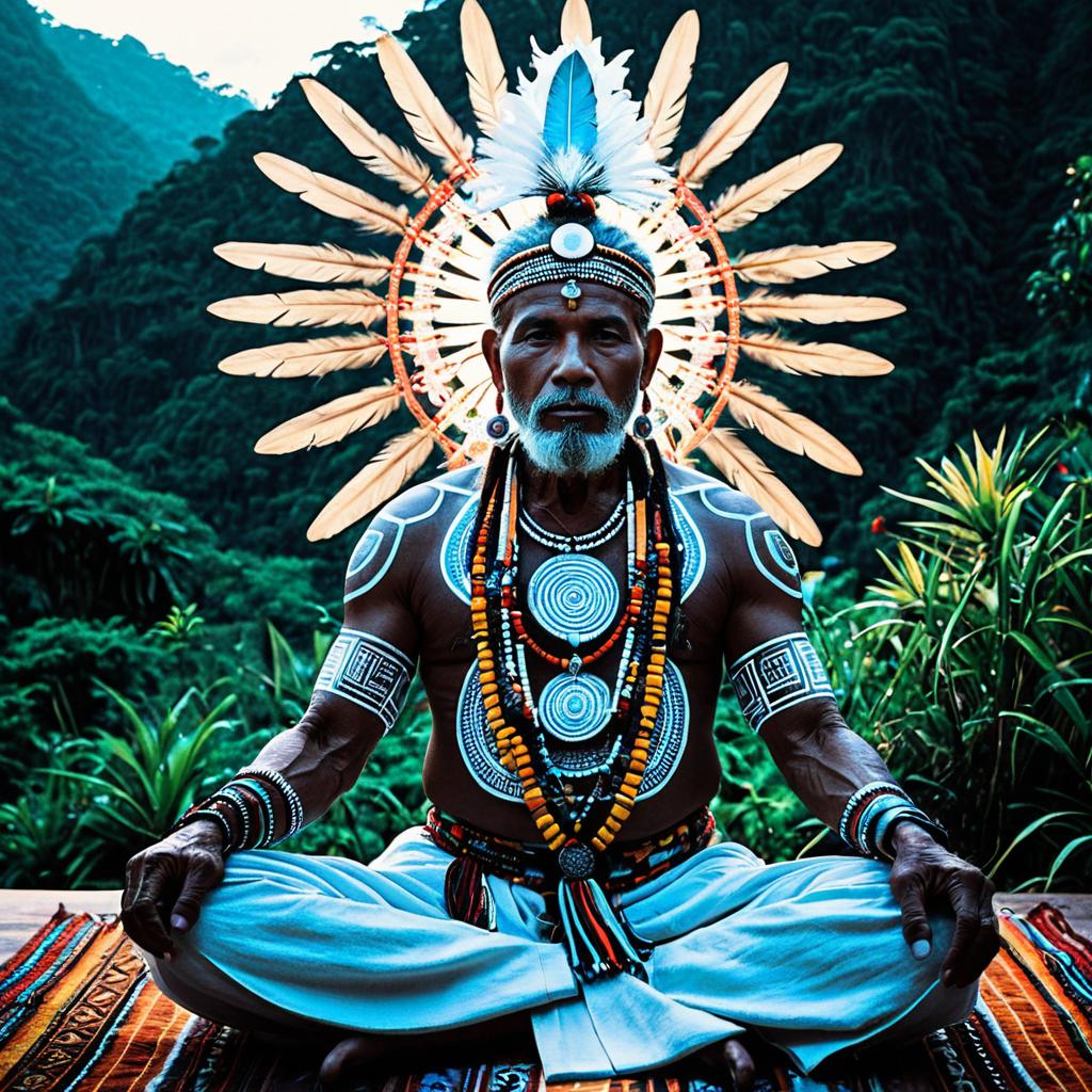 Man in Tribal Body Paint and Feathered Headdress Meditating in Mountain Forest