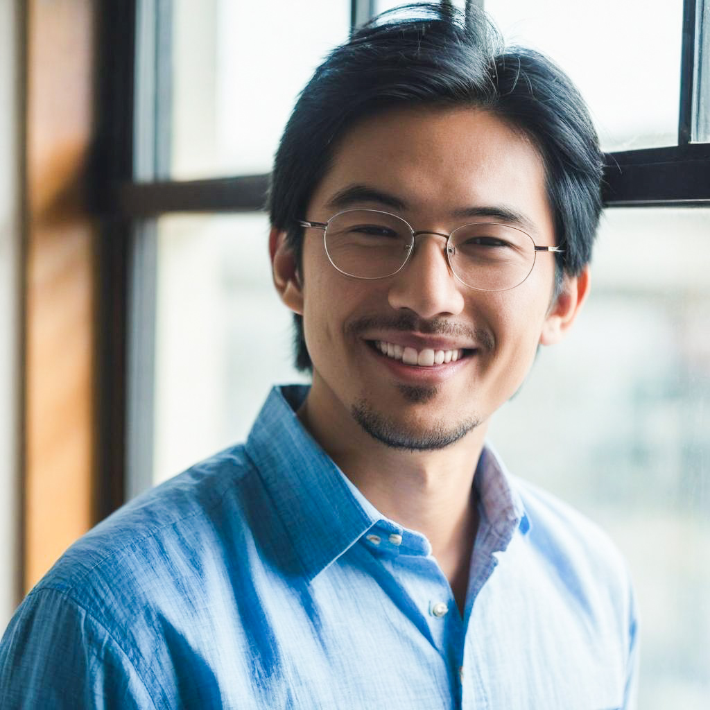 Young man with glasses smiling indoors
