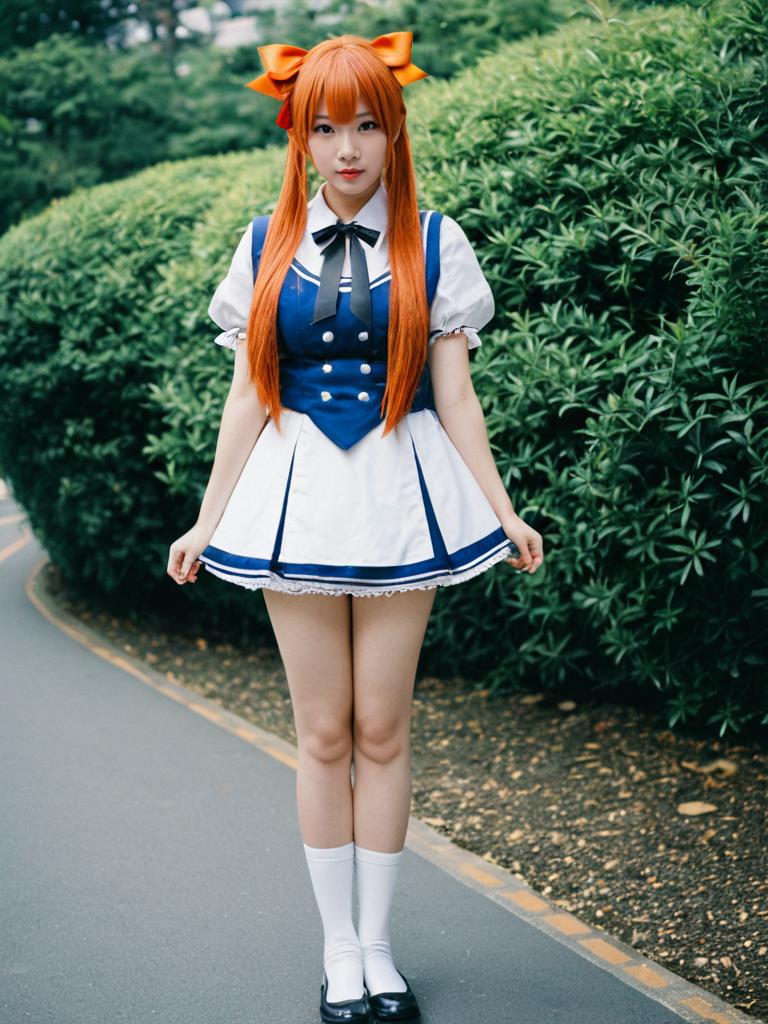 Akazutsumi Momoko Cosplay Woman in Blue and White Sailor Dress with Orange Hair