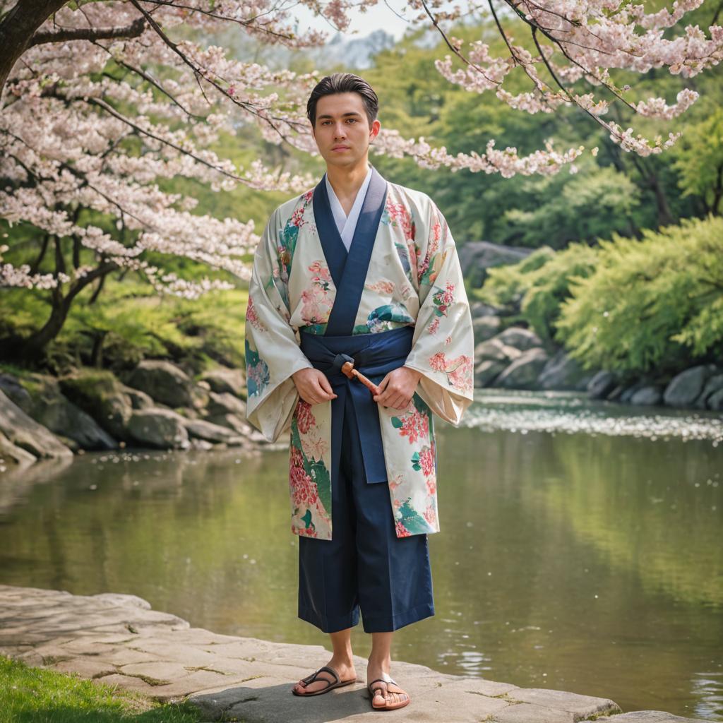 Man in Yukata Under Cherry Blossoms