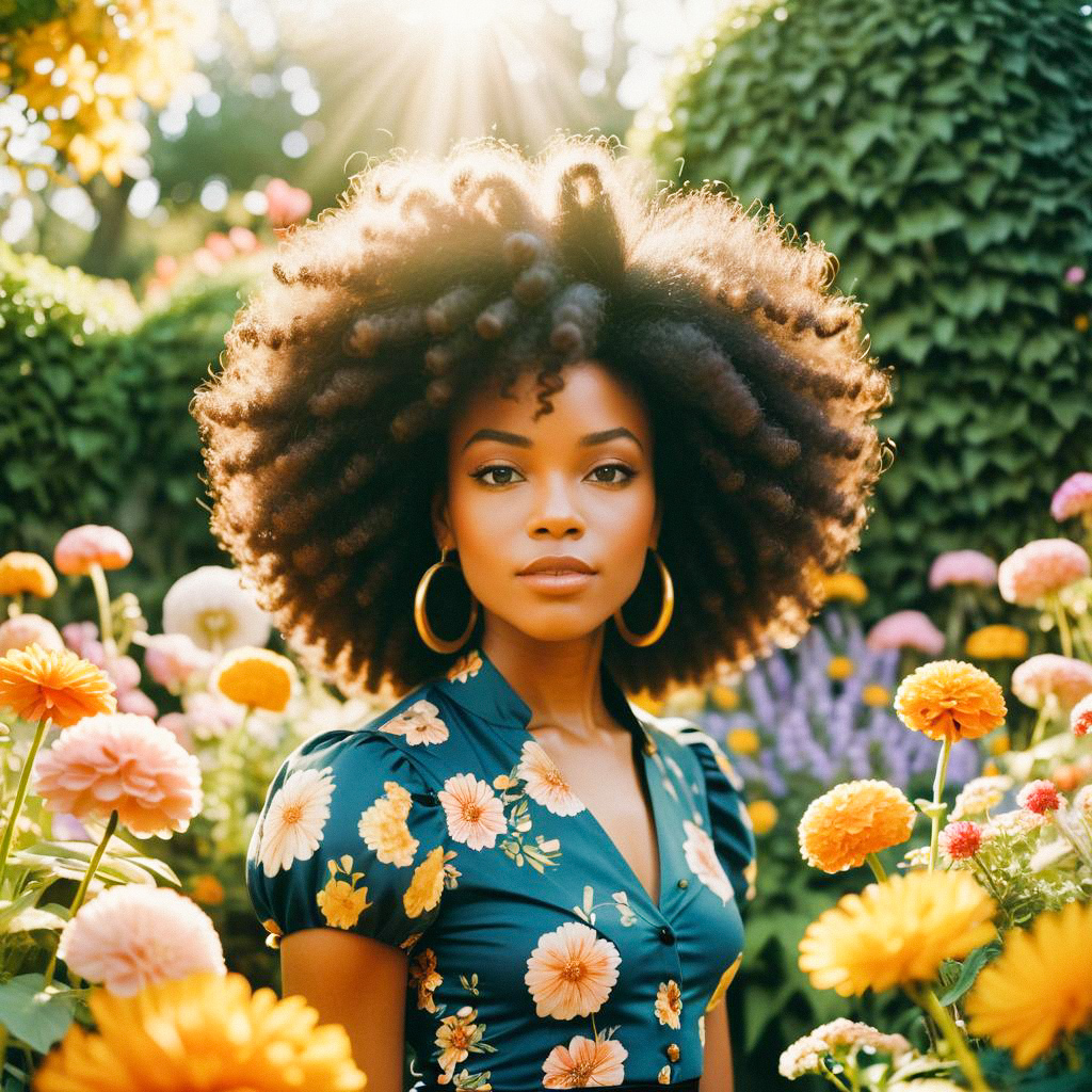 Woman with Natural Hair in Colorful Flower Garden