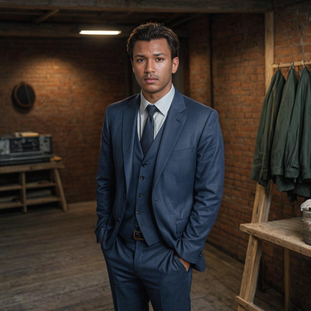 Confident Man in Blue Suit in Rustic Industrial Room