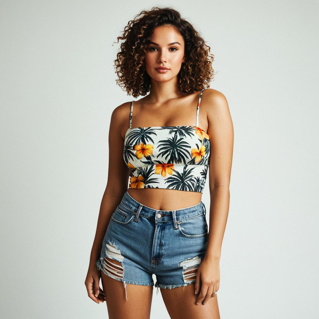 Woman in Tropical Print Crop Top and Distressed Denim Shorts