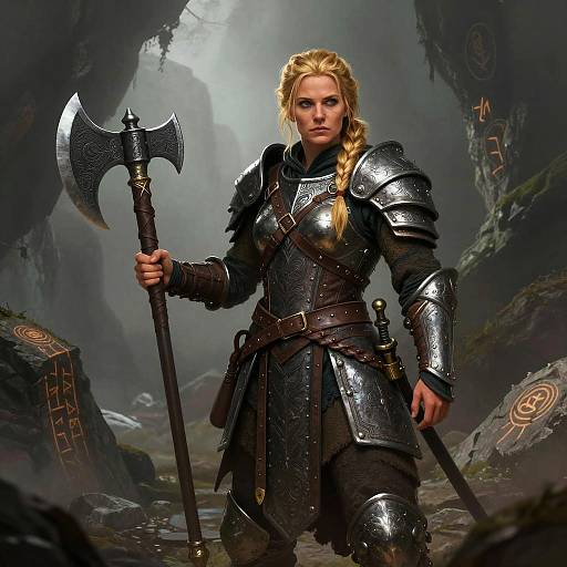 Female Warrior in Medieval Armor Holding Battle Axe in Rune Forest