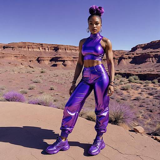 Stylish Woman in Metallic Purple Outfit in Desert Canyon