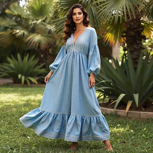 Bohemian Light Blue Embroidered Maxi Dress Outdoors
