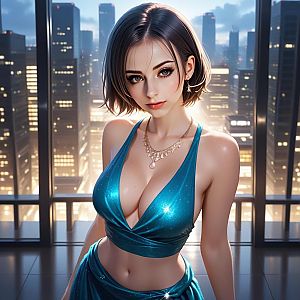 Portrait of a Young Woman in Blue Dress Against Cityscape