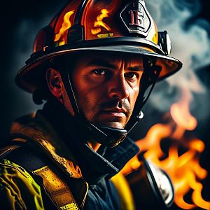 Determined Firefighter in Gear with Flames