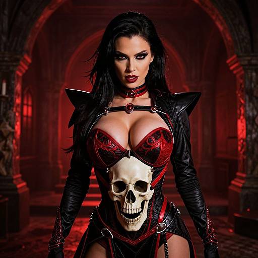 Gothic Dark Fantasy Woman in Leather Costume with Skull Detail