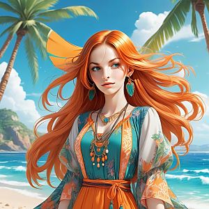 Young Woman with Red Hair on Tropical Beach