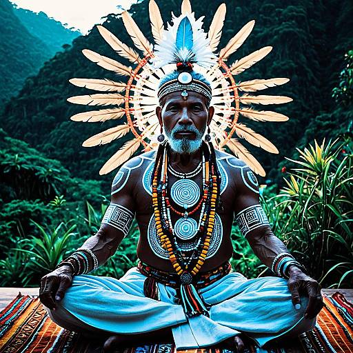 Man in Tribal Body Paint and Feathered Headdress Meditating in Mountain Forest