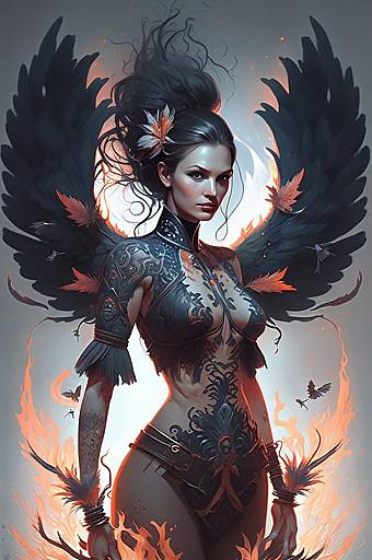 Dark Fantasy Woman with Angel Wings and Tattoo Art in Flames