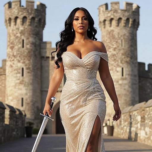 Elegant Woman in Sparkling Gown Holding Sword at Castle Entrance