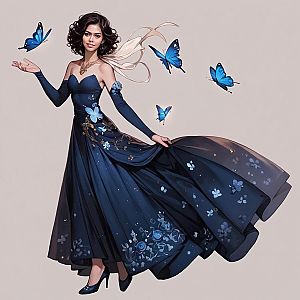 Elegant Woman in Blue Gown with Butterflies