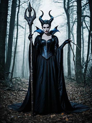 Woman in Maleficent Costume Full Body Cosplay Photo with Horns and Staff