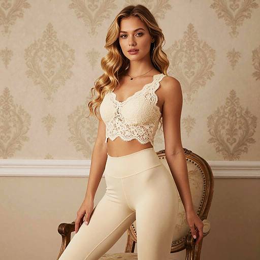 Woman in Cream Lace Crop Top and High-Waisted Pants Fashion Portrait