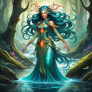 Mystical Woman in Enchanted Forest Stream