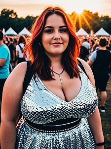 Plus Size Woman in Silver EDM Festival Outfit at Sunset Outdoor Festival