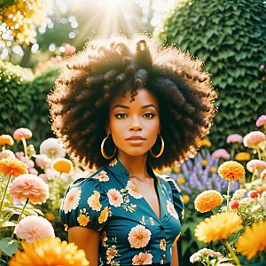 Woman with Natural Hair in Colorful Flower Garden