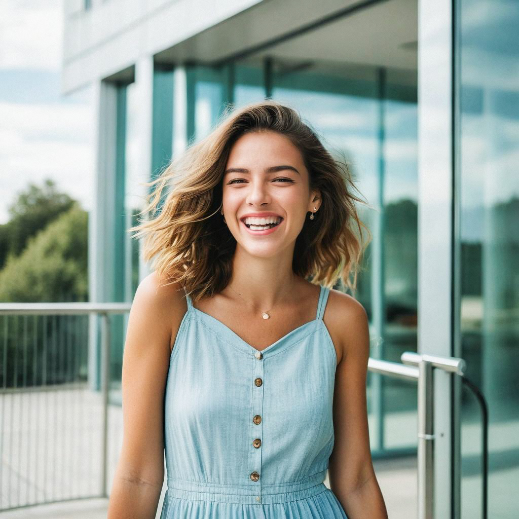 Smiling Woman in Blue Dress Near Glass Building