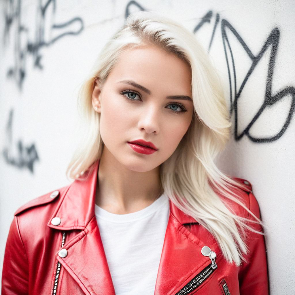 Young Woman in Red Jacket Against Graffiti Wall Young Woman in Red Jacket Against Graffiti Wall