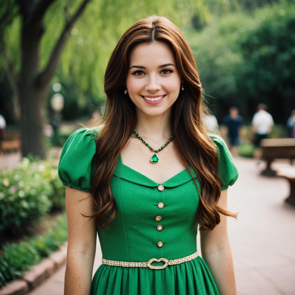 Woman in Green Disney Princess Style Dress with Jewelry Outdoors