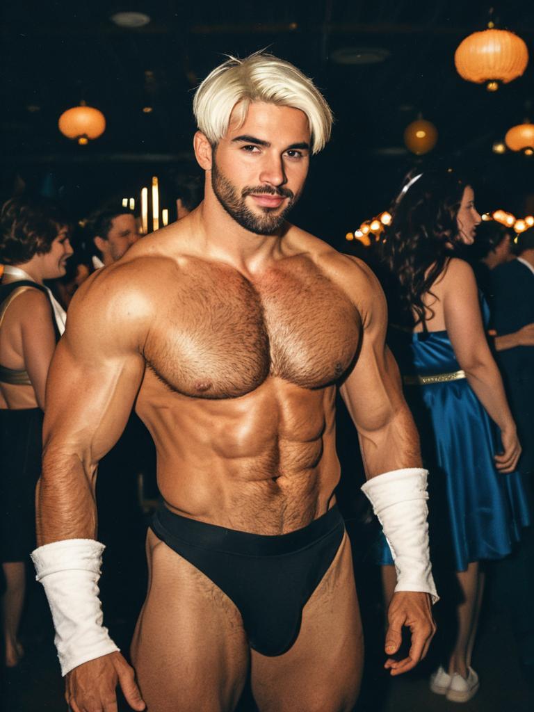 Muscular Man in Buff Male Cosplay Costume at Themed Party