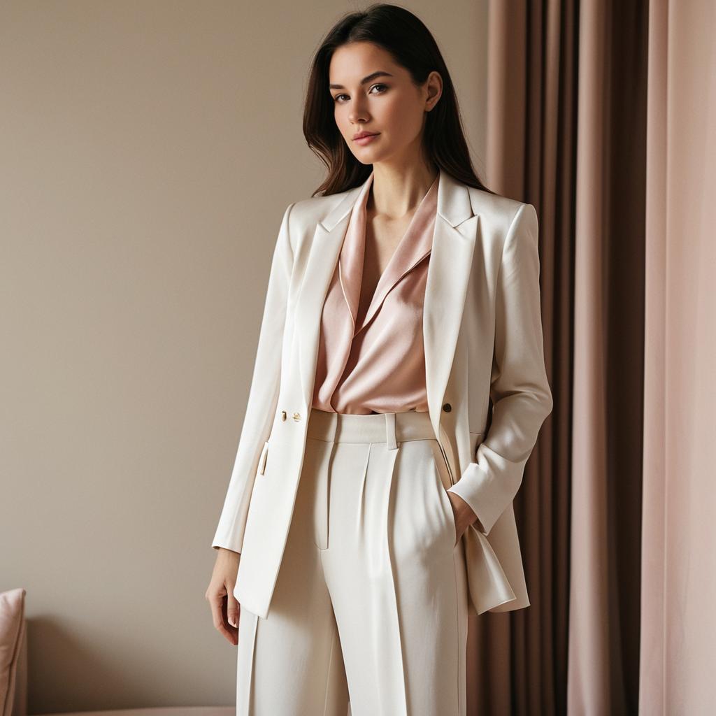 Elegant Woman in Cream Suit and Blush Pink Blouse Indoor Portrait