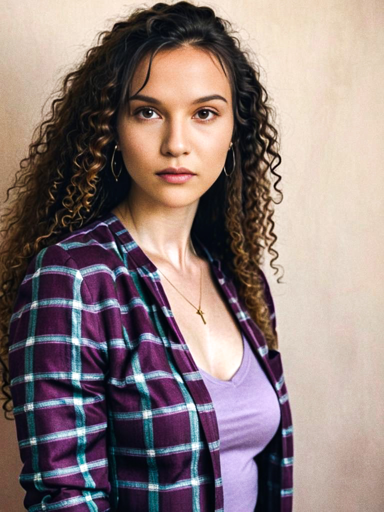 Thoughtful Young Woman in Plaid Shirt