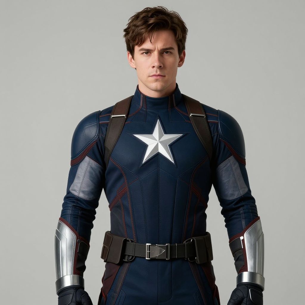 Man in Captain America Costume with Star Emblem and Tactical Gear