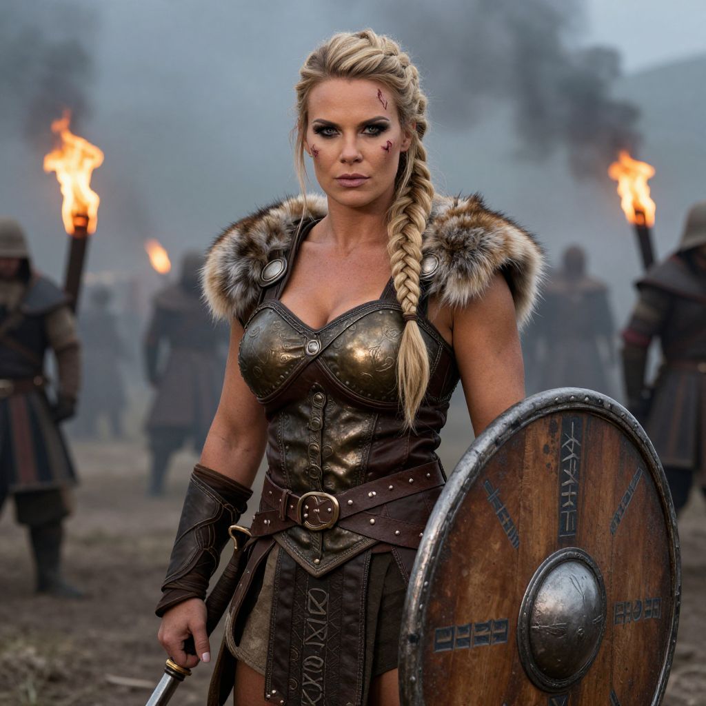 Viking Warrior Woman in Leather Armor with Shield and Braided Hair