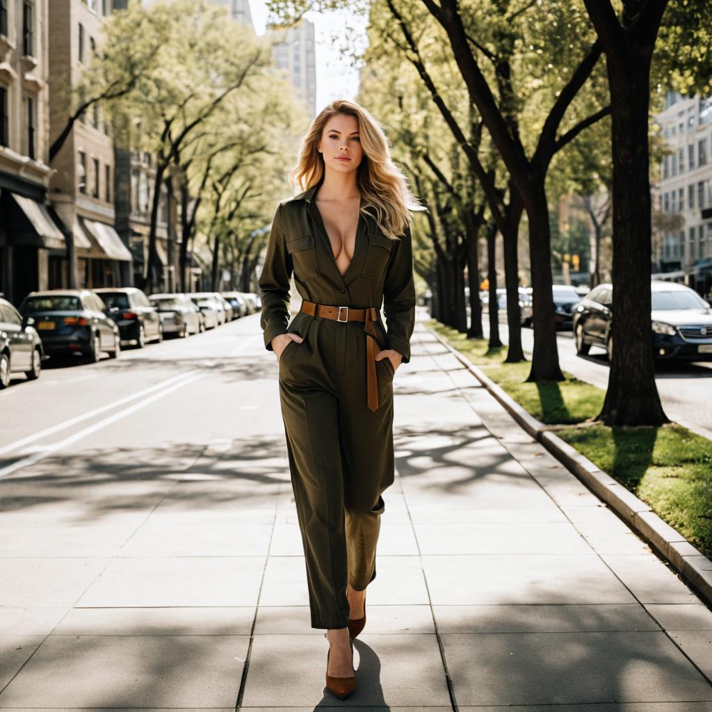 Woman in Olive Green Jumpsuit Walking on Urban Street in Sunlight