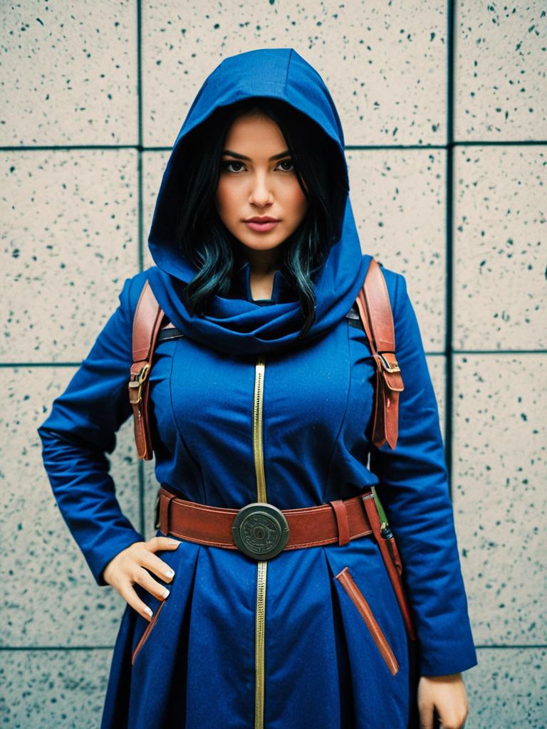 Realistic Ana Amari Cosplay Woman in Blue Hooded Costume