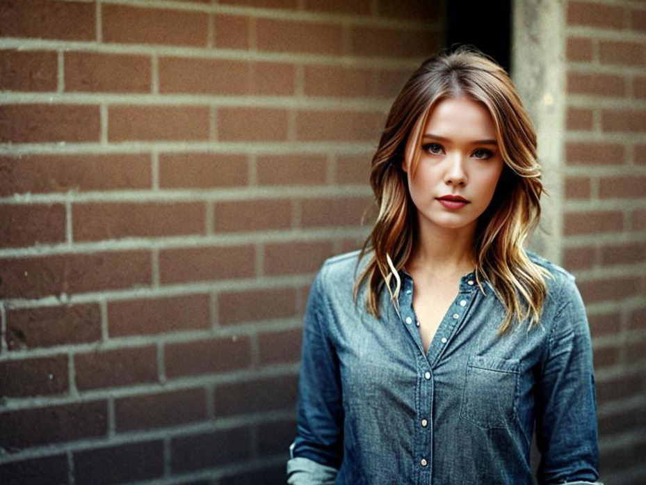 Confident Young Woman in Denim Against Brick Wall