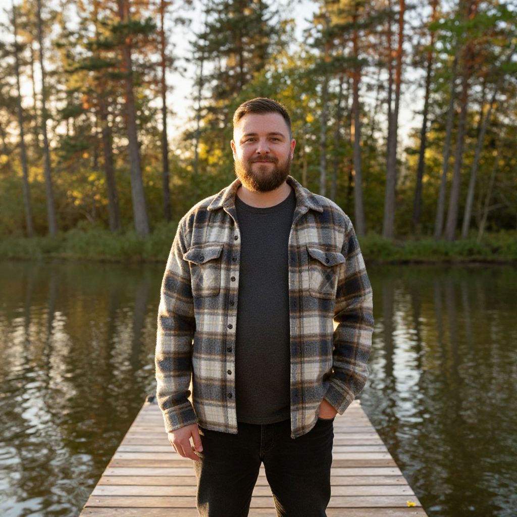 Man Standing on Wooden Dock by Lake Surrounded by Pine Trees