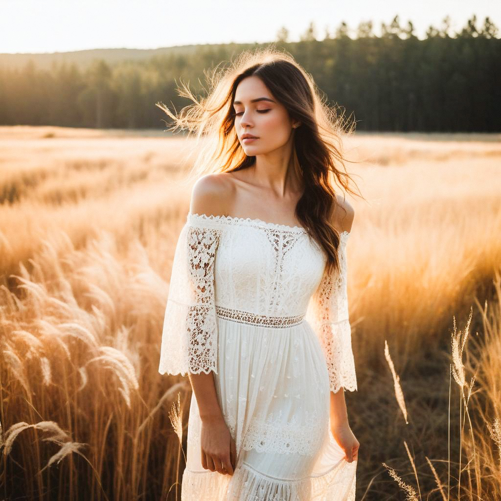 Young Woman in White Lace Dress in Sunlit Field