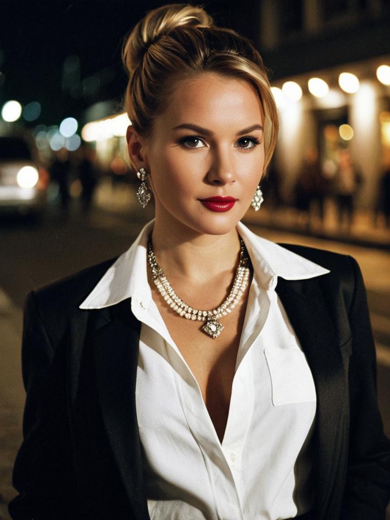 Classy Night Out Outfit Featuring Woman in Elegant Black Blazer and White Blouse