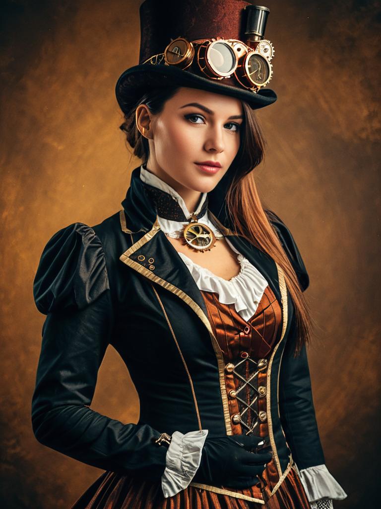 Woman in Steampunk Costume with Top Hat and Goggles Portrait