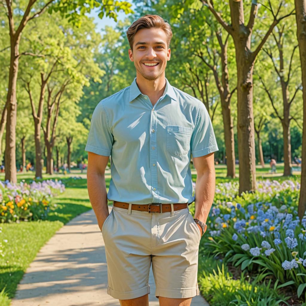 Optimistic man in summer attire in sunny park