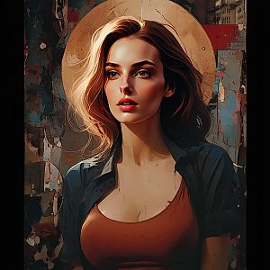 Digital Portrait of Woman with Auburn Hair and Abstract Background
