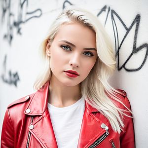 Young Woman in Red Jacket Against Graffiti Wall