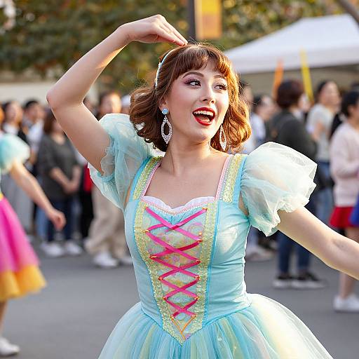 Woman in Blue Fairy-Tale Costume Dancing Outdoors