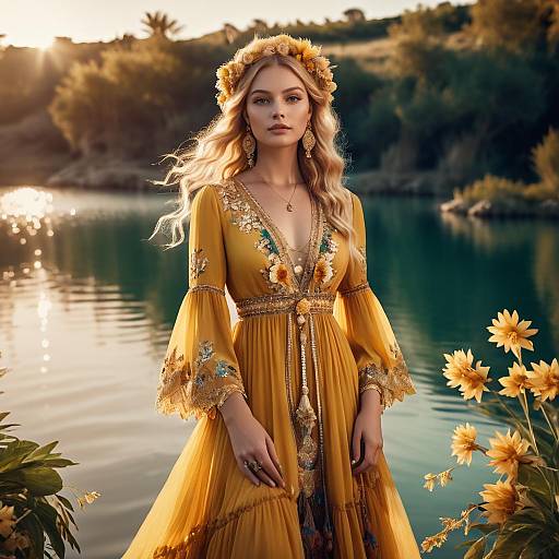 Bohemian Woman in Mustard Yellow Dress by Serene Lake at Sunset