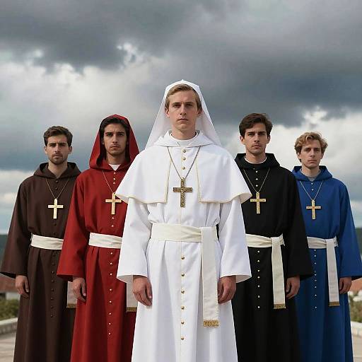 Men in Traditional Religious Robes with Gold Crosses Under Dramatic Sky